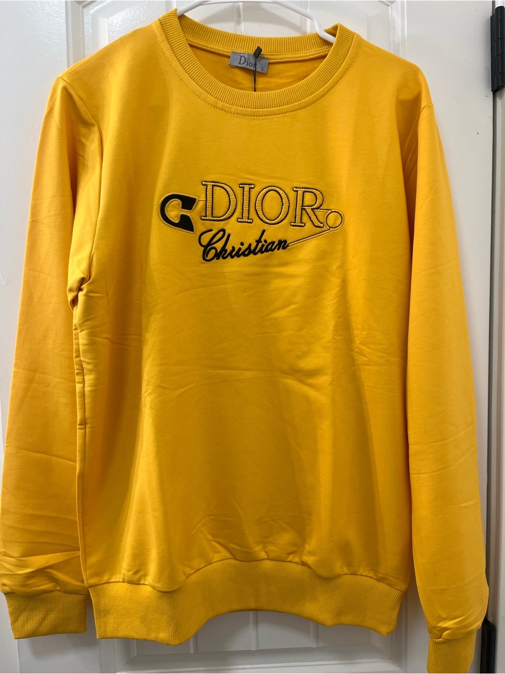 Dior Men's Yellow Crewneck Sweater with Embroidered Christian Logo